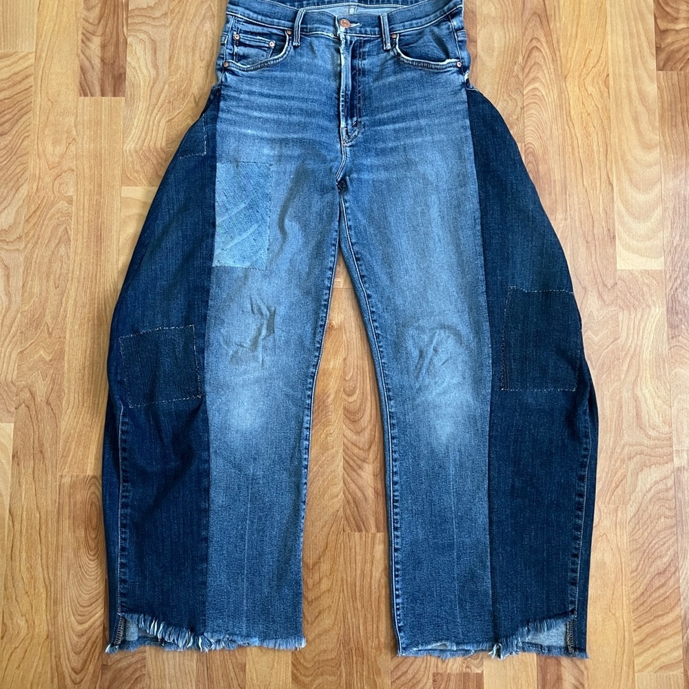 Upcycled Reworked Blank NYC Two-Tone Relaxed Barrel Jeans Stretch Denim sz 28 - Picture 10 of 10
